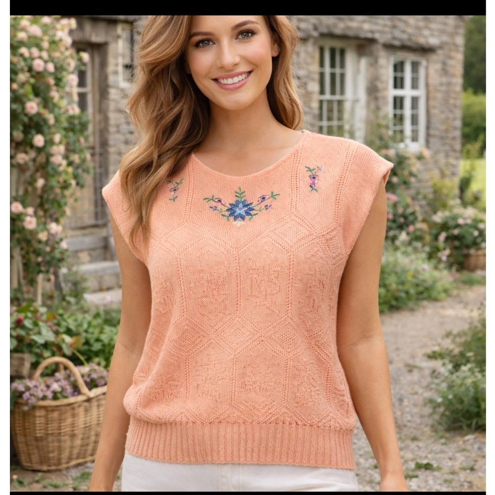 VTG 70s/80s peach floral embroidered women sweater M/L cottage coquette USA boho